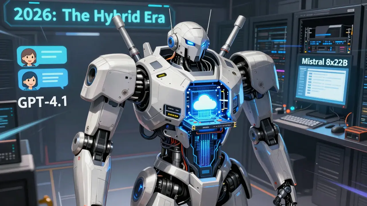 A hybrid robot splits between corporate customer service and internal data processing, symbolizing the 2026 AI strategy.