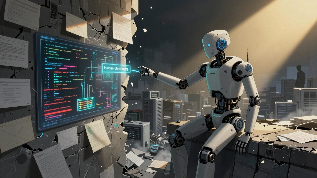 A lone AI agent reaches for human oversight amid a collapsing digital landscape of failed automated tasks.