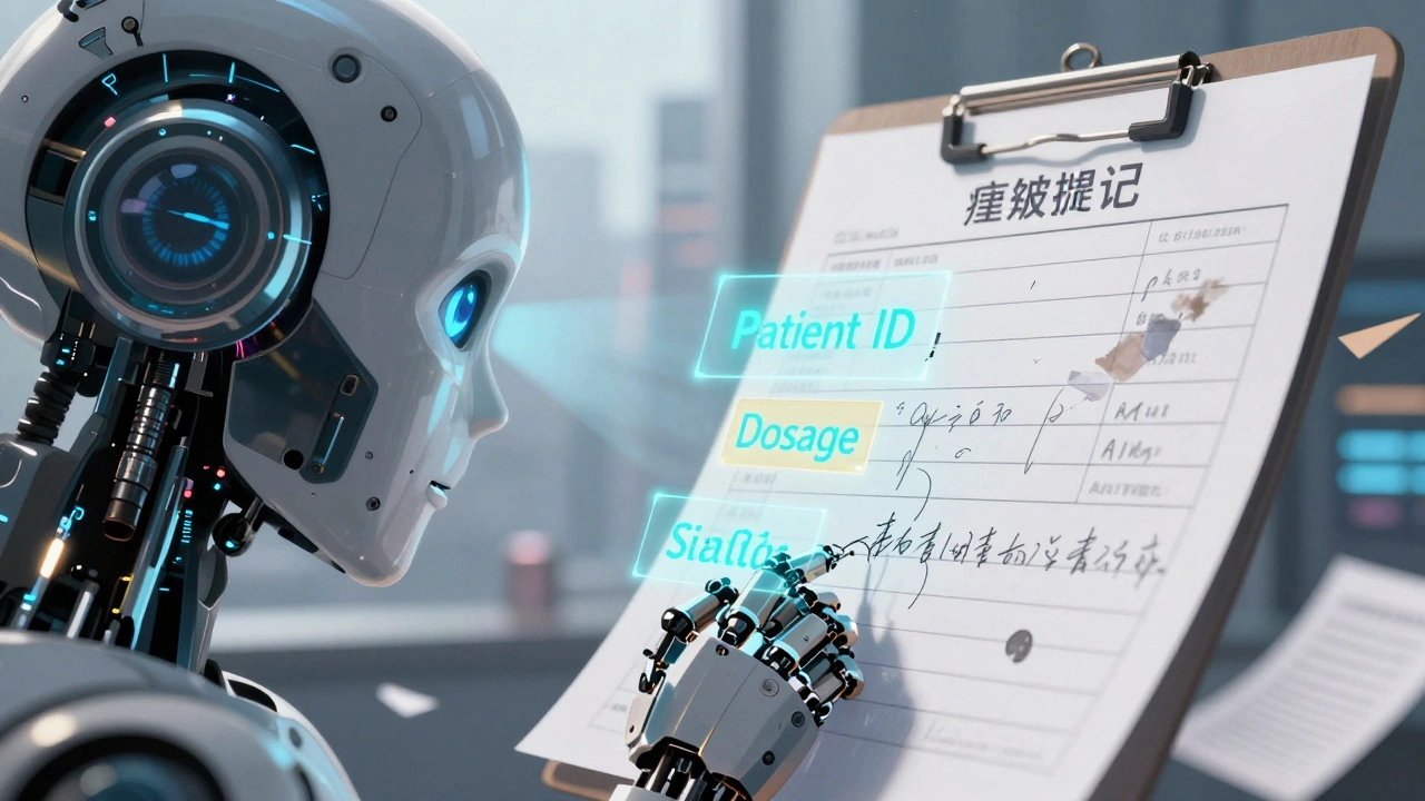 A robot&#039;s eye scans a handwritten medical form with digital labels highlighting key fields in glowing colors.