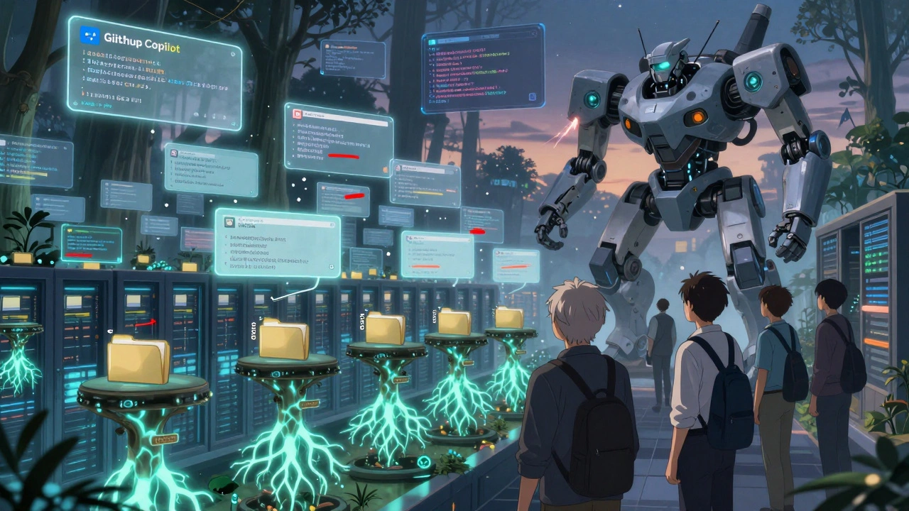 A senior developer guides a new hire through a forest of AI-generated files, with ghostly prompts drifting above glowing folders.