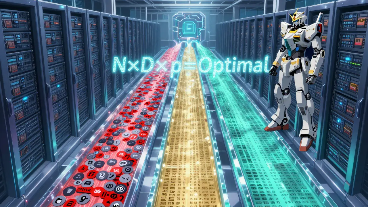 A server farm with data rivers of noisy and clean text feeding into a glowing optimal sampling formula.