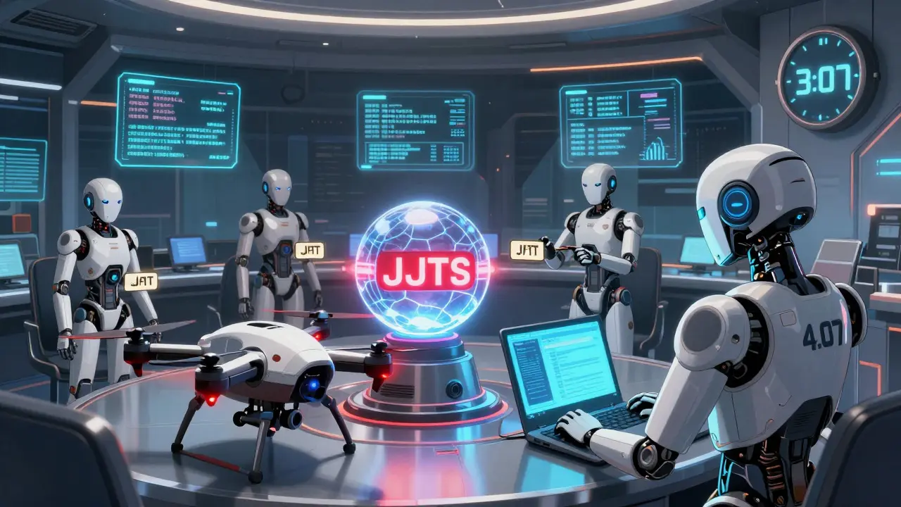 AI agent drones receive short-lived tokens in a command center, monitored by an AI guardian detecting behavioral anomalies.