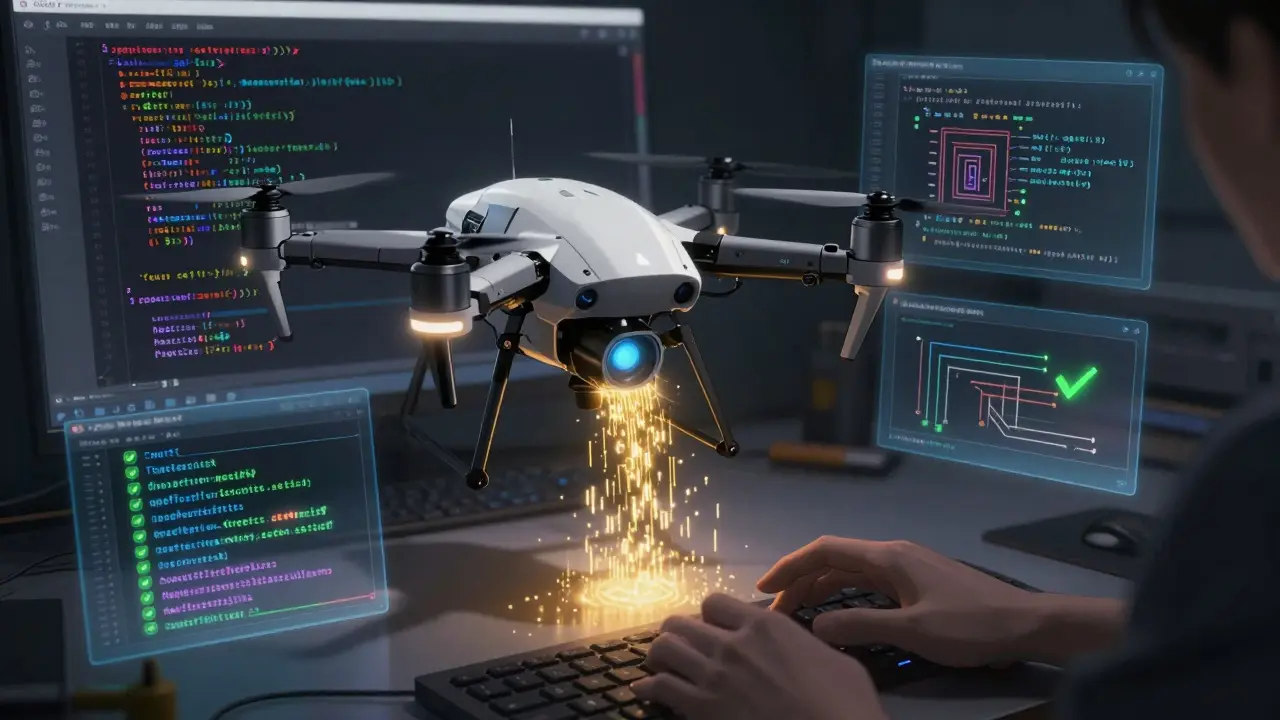 AI drone scanning code and auto-updating floating diagrams and README files in real-time with golden data streams.