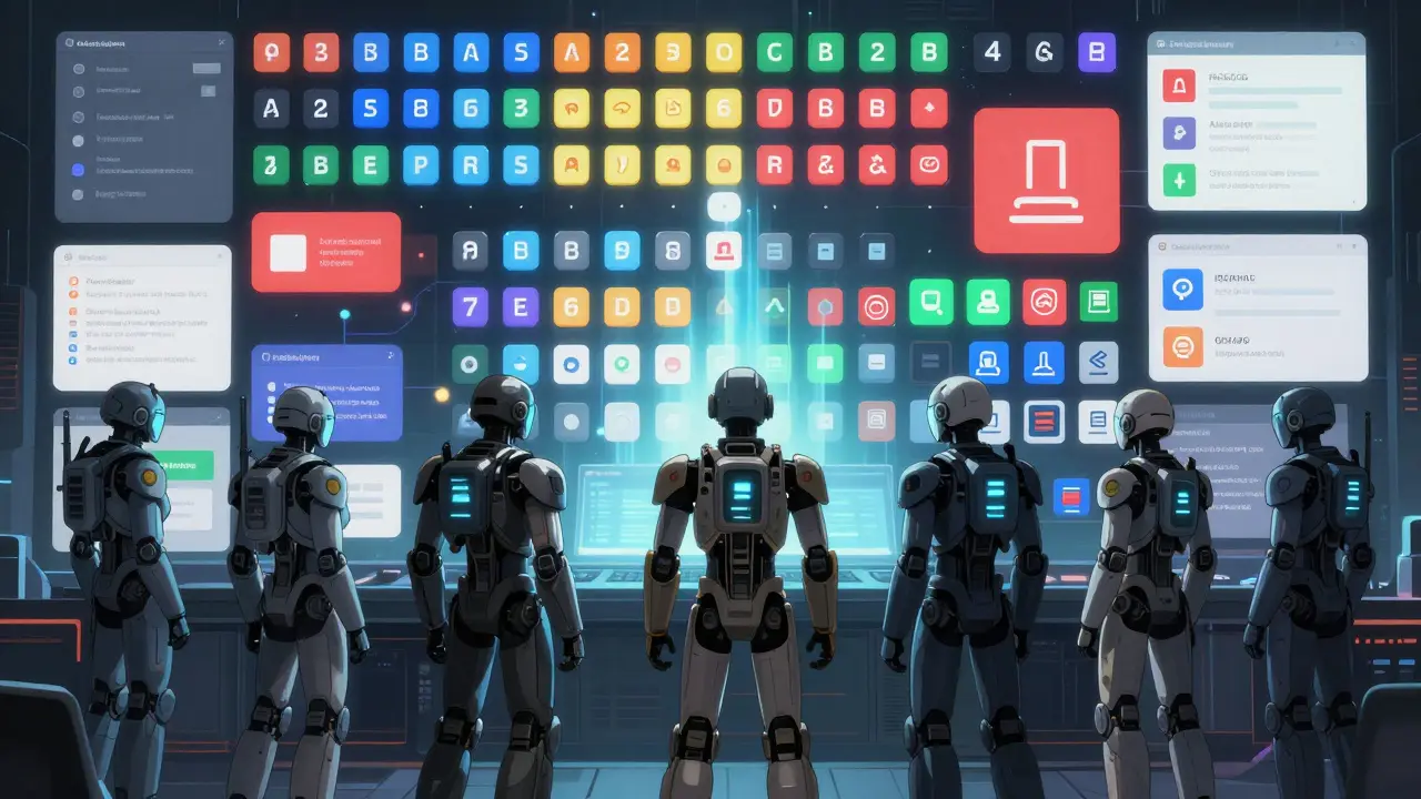 AI operators correcting chaotic UI elements with synchronized design system tokens.