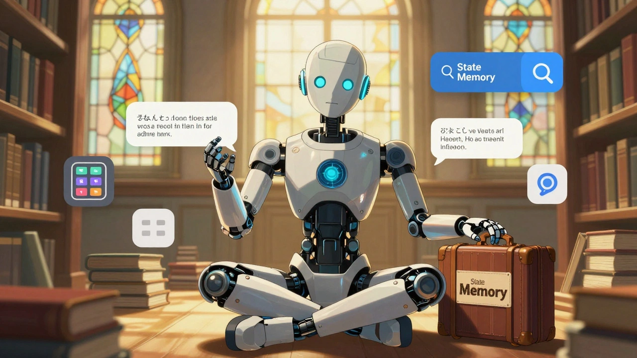 An AI model in a library with floating APIs, holding a translation tool as a suitcase labeled &#039;State Memory&#039; rests nearby.