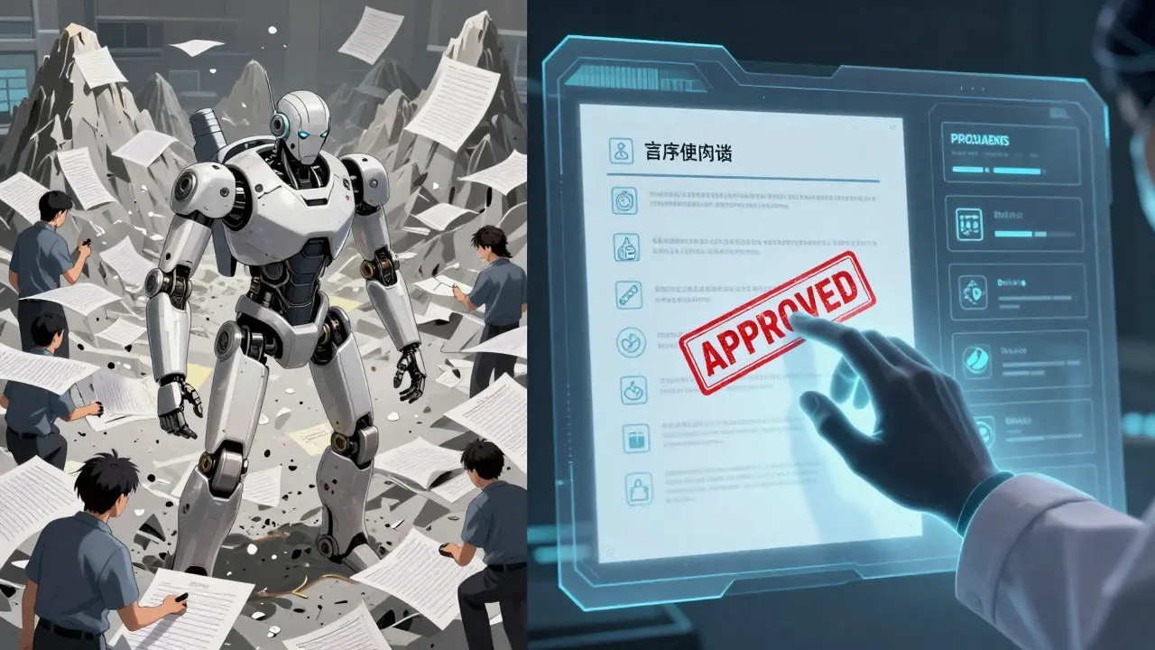 Chaotic paper piles contrast with a clean AI-generated clinical summary, as a doctor approves it with a glowing stamp.