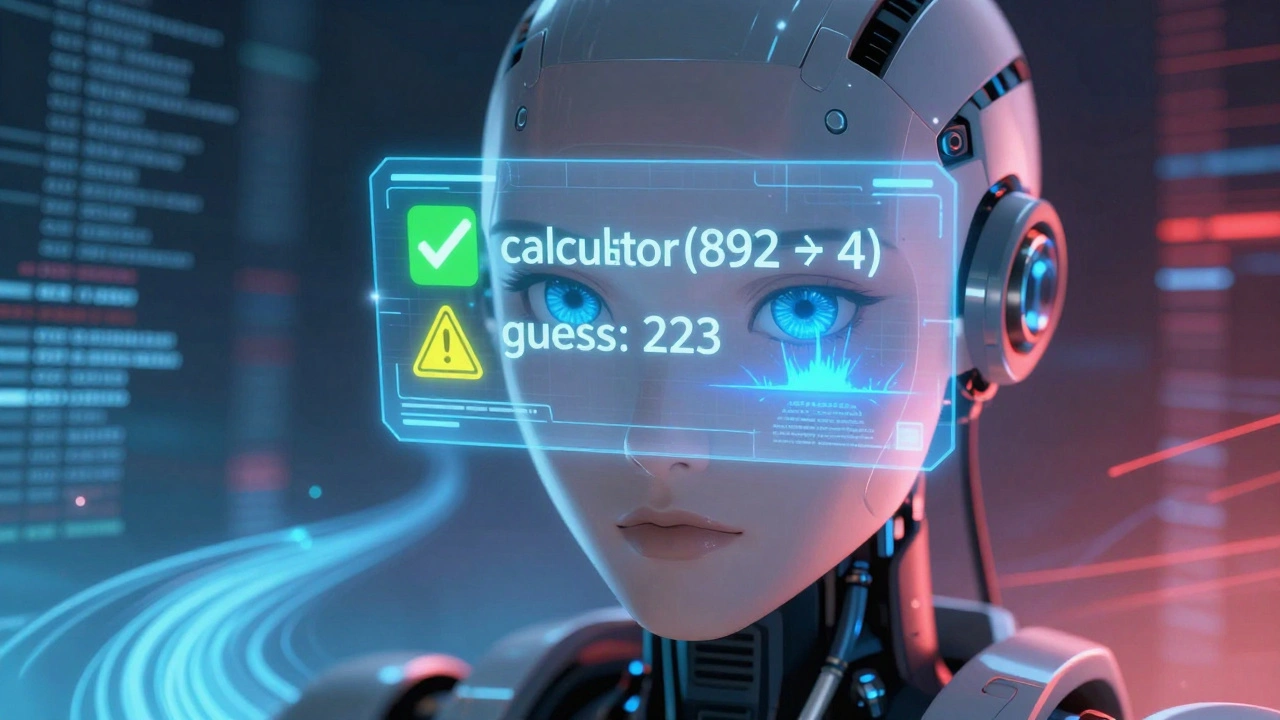 Close-up of an AI&#039;s face with holographic tool-use decisions glowing in its eyes amid flowing text streams.