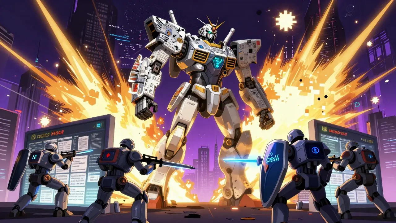 Defense robots battle a corrupted LLM entity using input sanitization tools, while sensitive data is protected by encrypted barriers.