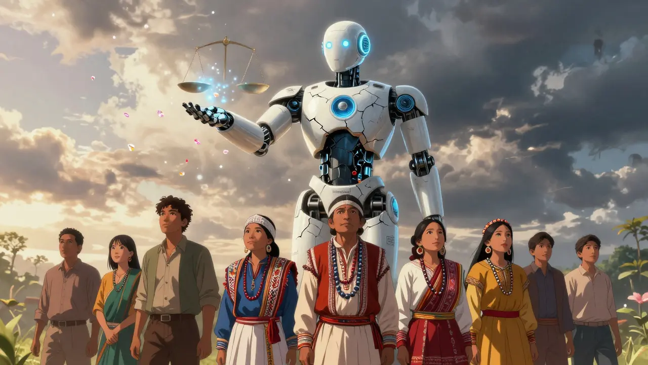 Diverse users standing before a broken AI statue, a robot mending it with balanced data petals.