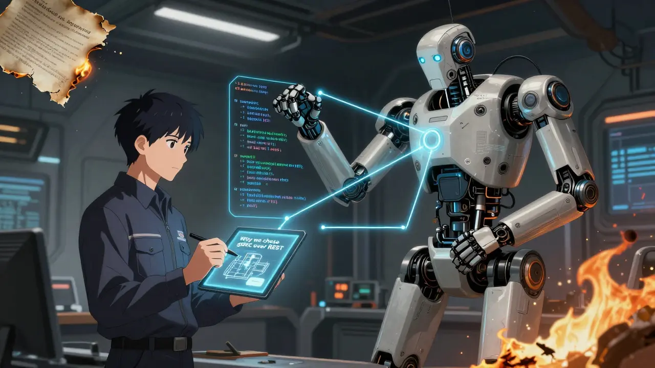 Engineer writing architectural context beside a robotic arm auto-updating API docs, with outdated paper documents burning nearby.