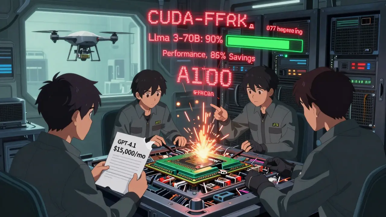 Engineers repair a cracked GPU server amid glowing error warnings, with cost comparisons visible in holograms.