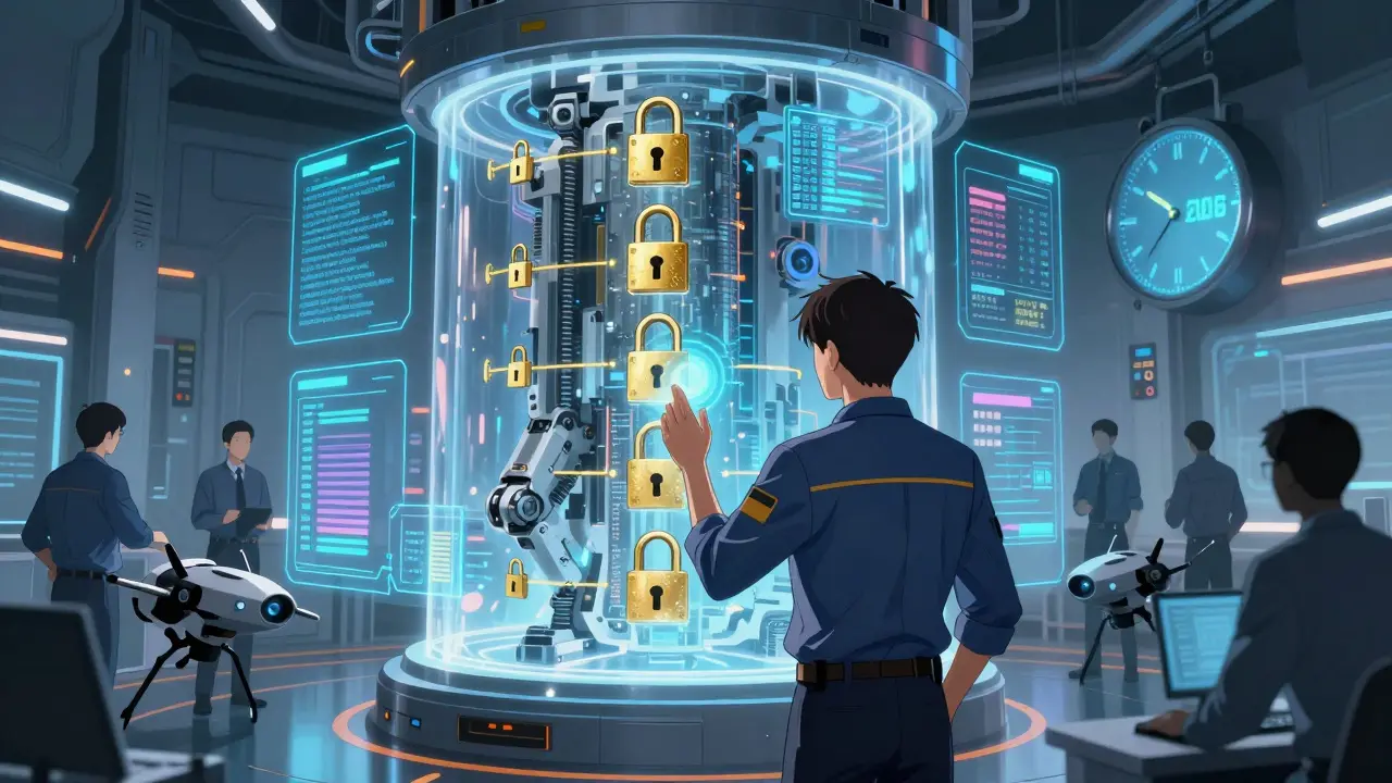 Engineers secure an LLM core with real-time access controls and encryption protocols.