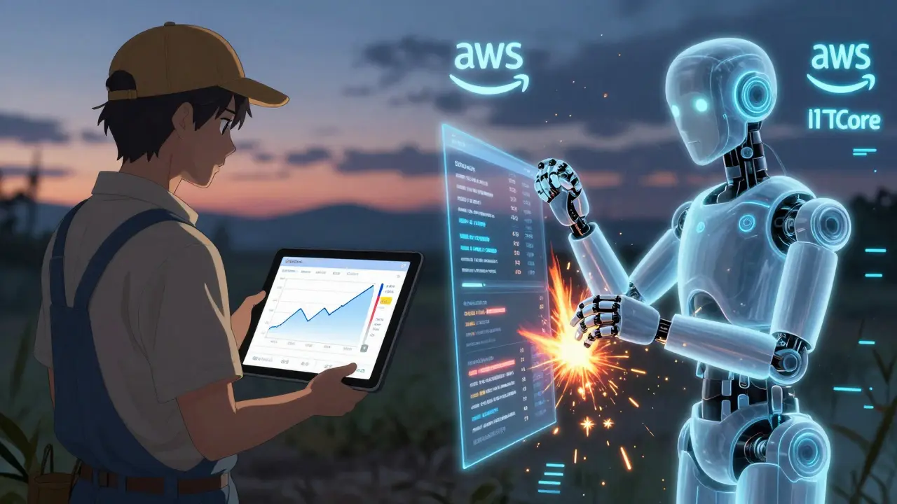 Farmer viewing a live IoT dashboard while an AI generates configuration files in the background.