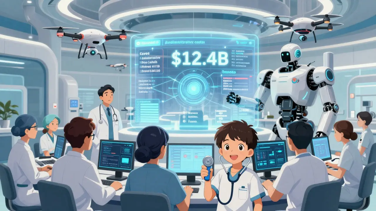Holographic AI networks transmit secure auth records in a 2027 healthcare hub, with staff watching savings grow and a child smiling.