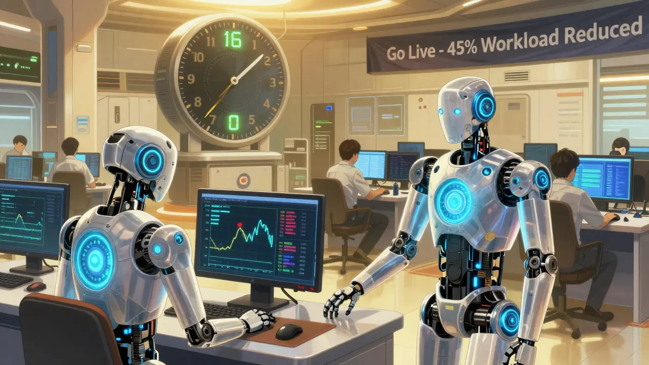 Human and robot agents collaborate in a futuristic customer support hub with real-time data displays.