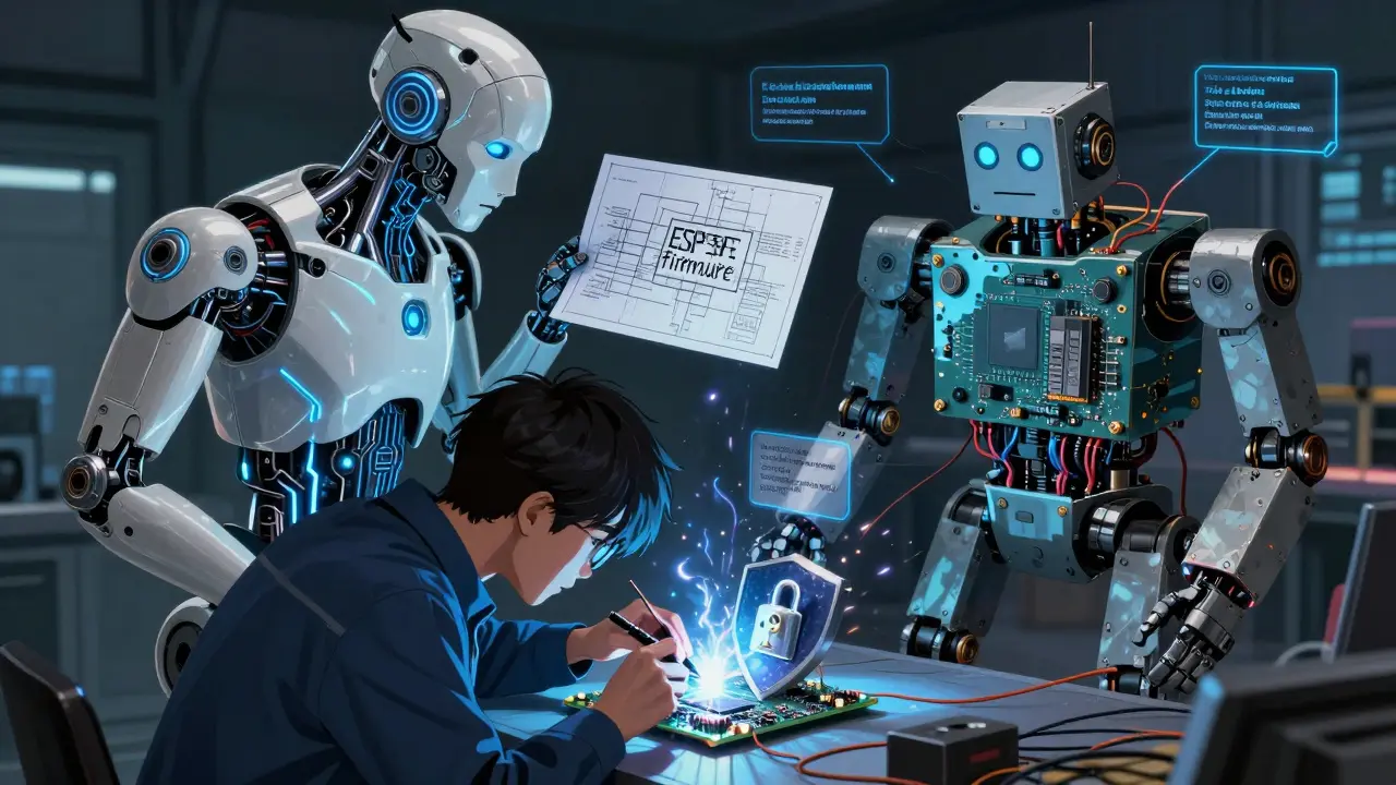 Human engineer reinforcing an ESP32 device with security shielding as an AI offers firmware guidance.
