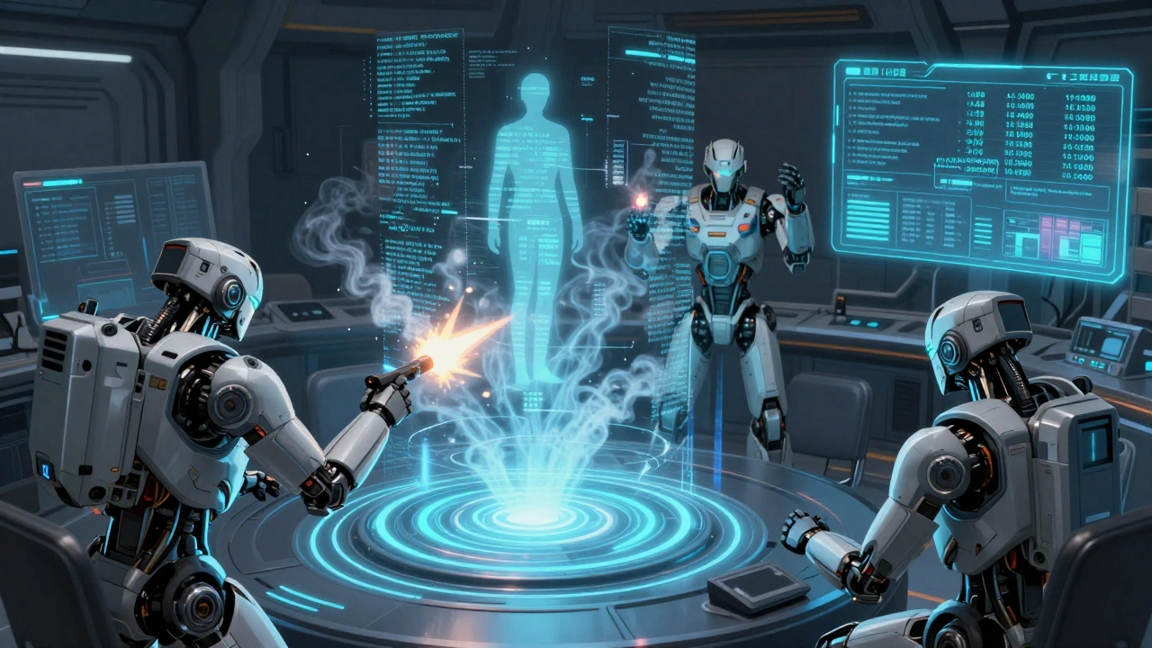 Three AI defense mechs running automated privacy tests in a high-tech command center.