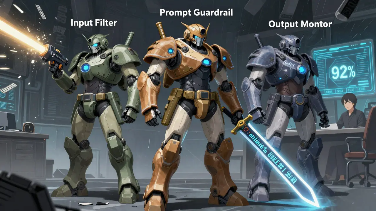 Three robotic defenders stand united against attacking text fragments in a layered AI security system.