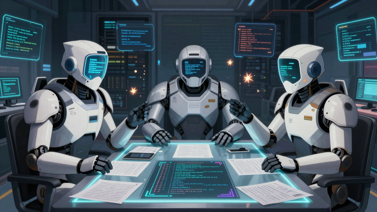 Three specialized AI agents debate over scientific data and code in a futuristic collaborative workspace.