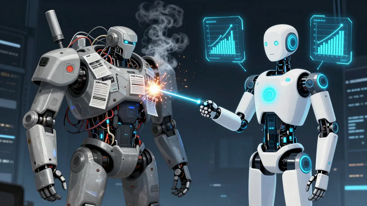 Two robots side by side: one overloaded with messy data, the other receiving a clean, efficient prompt.