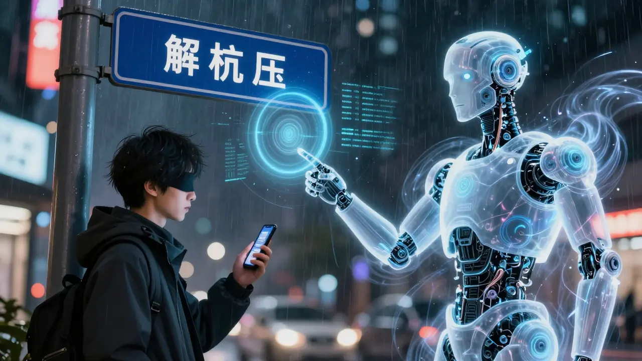 A blind user receives instant audio feedback from a robotic assistant reading a street sign via smartphone.