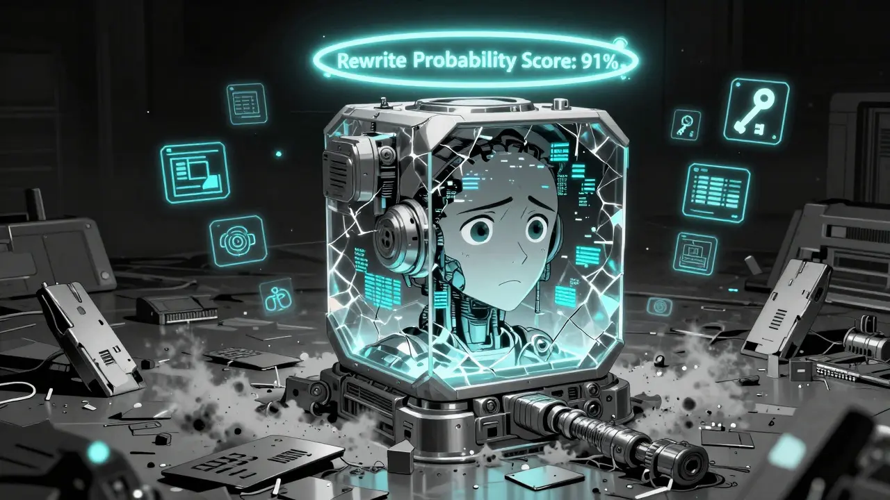 A cracked AI core with a code-face stares out as a 91% rewrite score glows above it.
