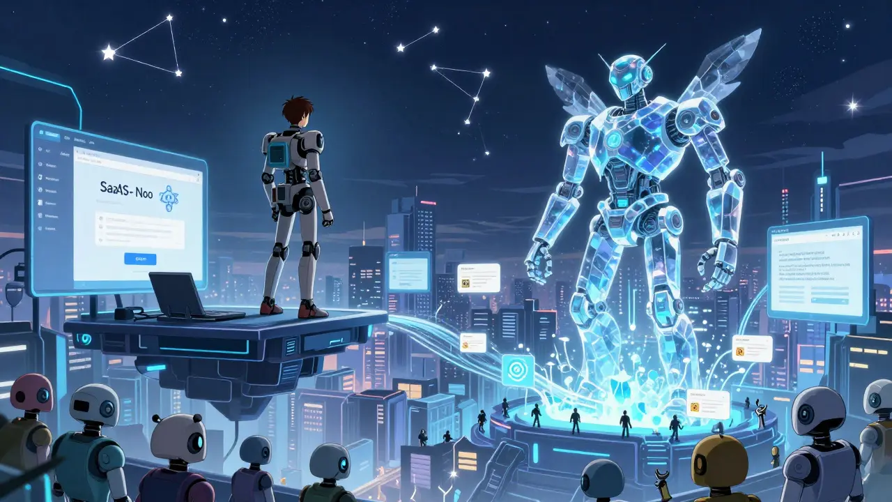 A developer atop a city of auto-generated apps, watched by robotic avatars as a crystalline Wasp compiler rises behind them.