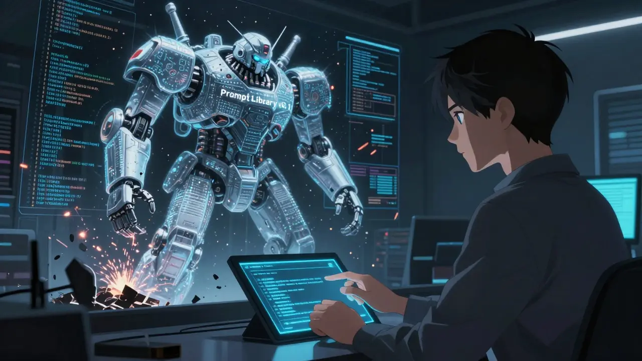 A developer stands before a text-based robot crushing legacy code, illuminated by holographic debug logs.
