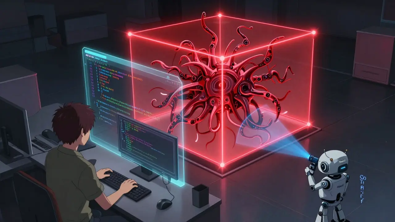 A developer using AI code assistant while Sheriff enforces architectural boundaries with glowing barriers.