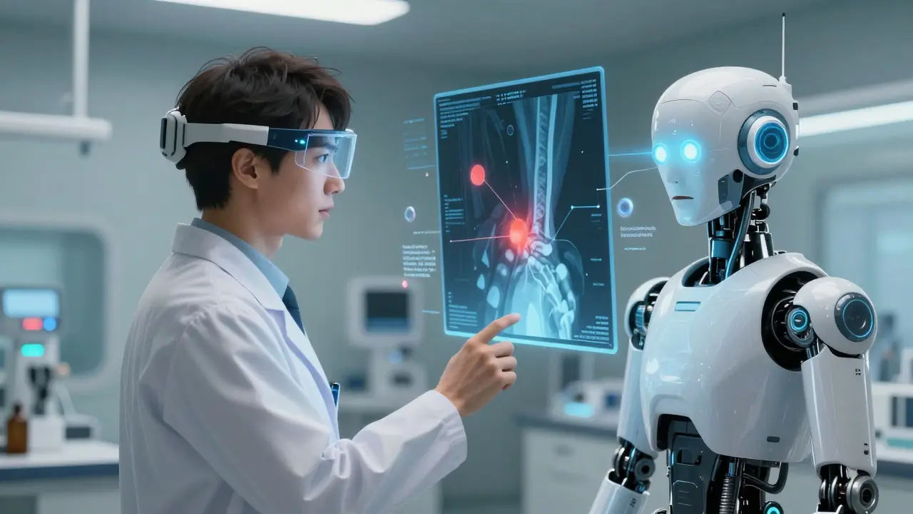 A doctor and AI assistant jointly examine an X-ray with real-time annotations linked to a patient's spoken symptoms.