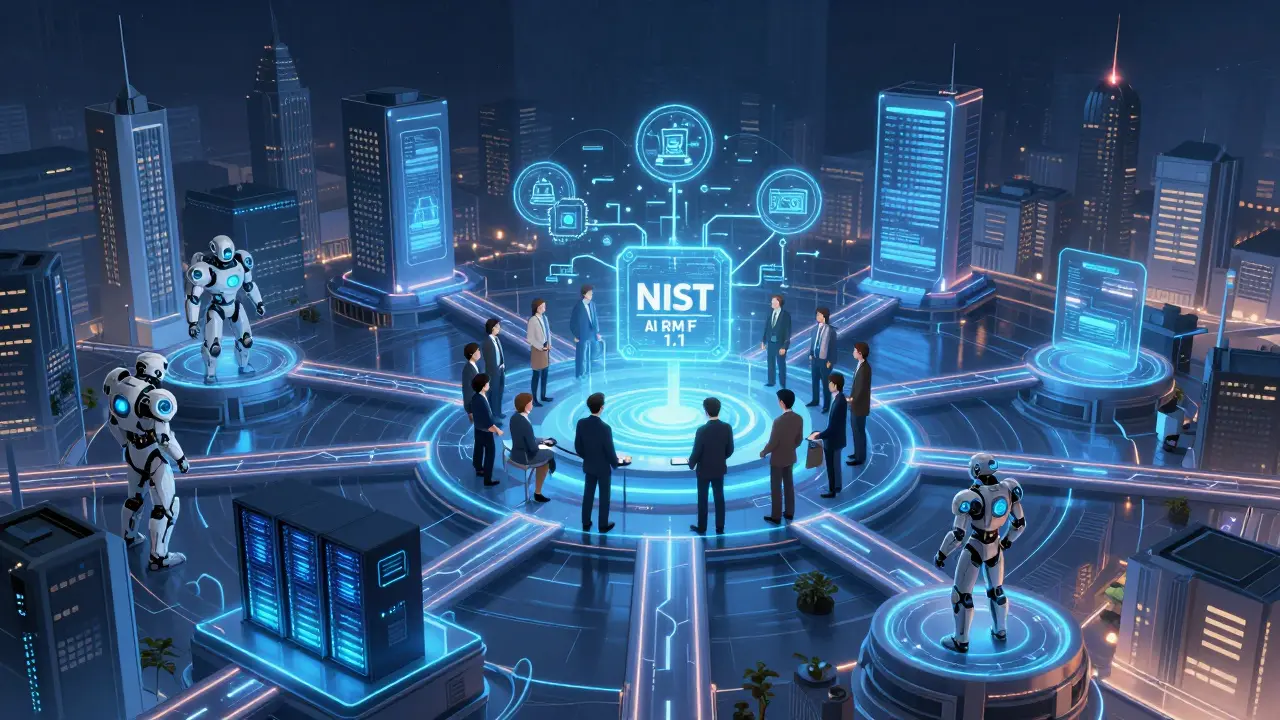 A global governance network connects corporate hubs with luminous highways, featuring a council reviewing ethical AI standards using the NIST framework.