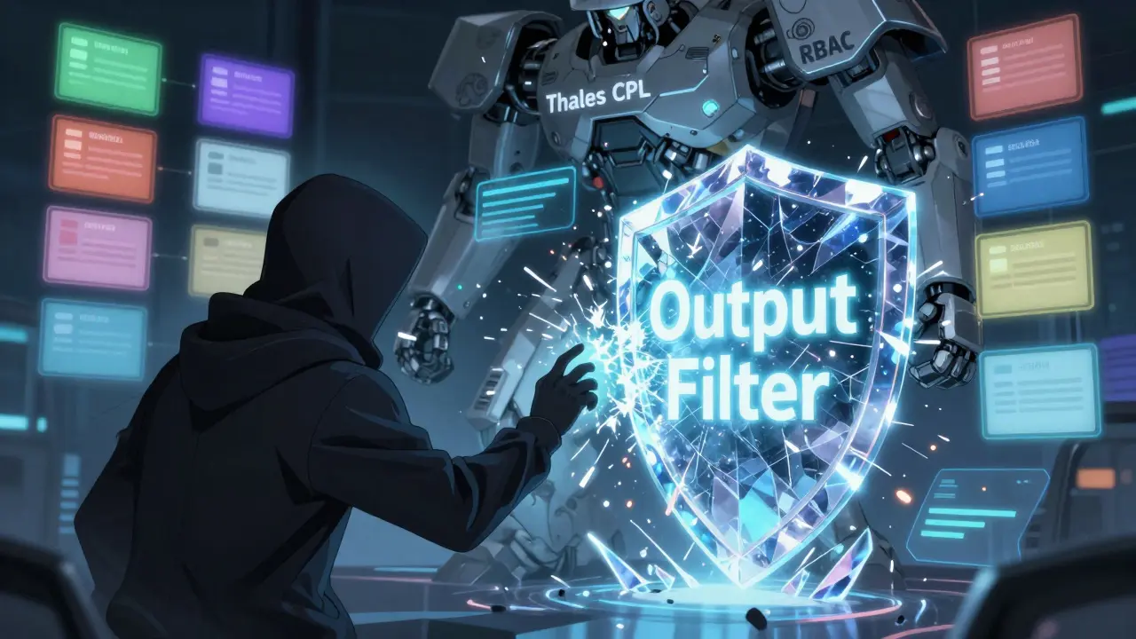 A hacker's attack is shattered by a crystalline output filter shield, while RBAC tags glow nearby.