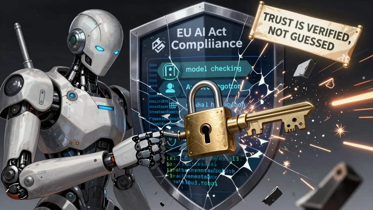 A line of AI code transforms into a lock as a cryptographic key seals it, surrounded by verification layers.
