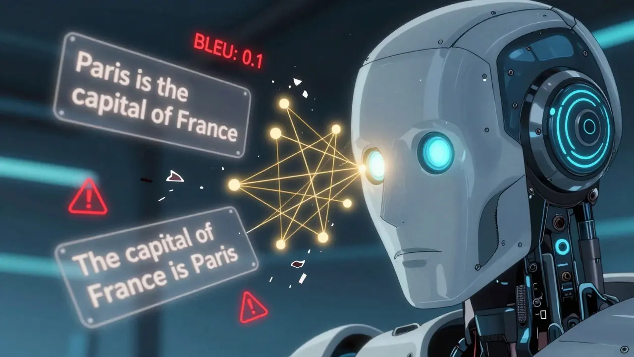 A robot's sensor connects two paraphrased sentences with golden vectors, ignoring broken BLEU warnings.