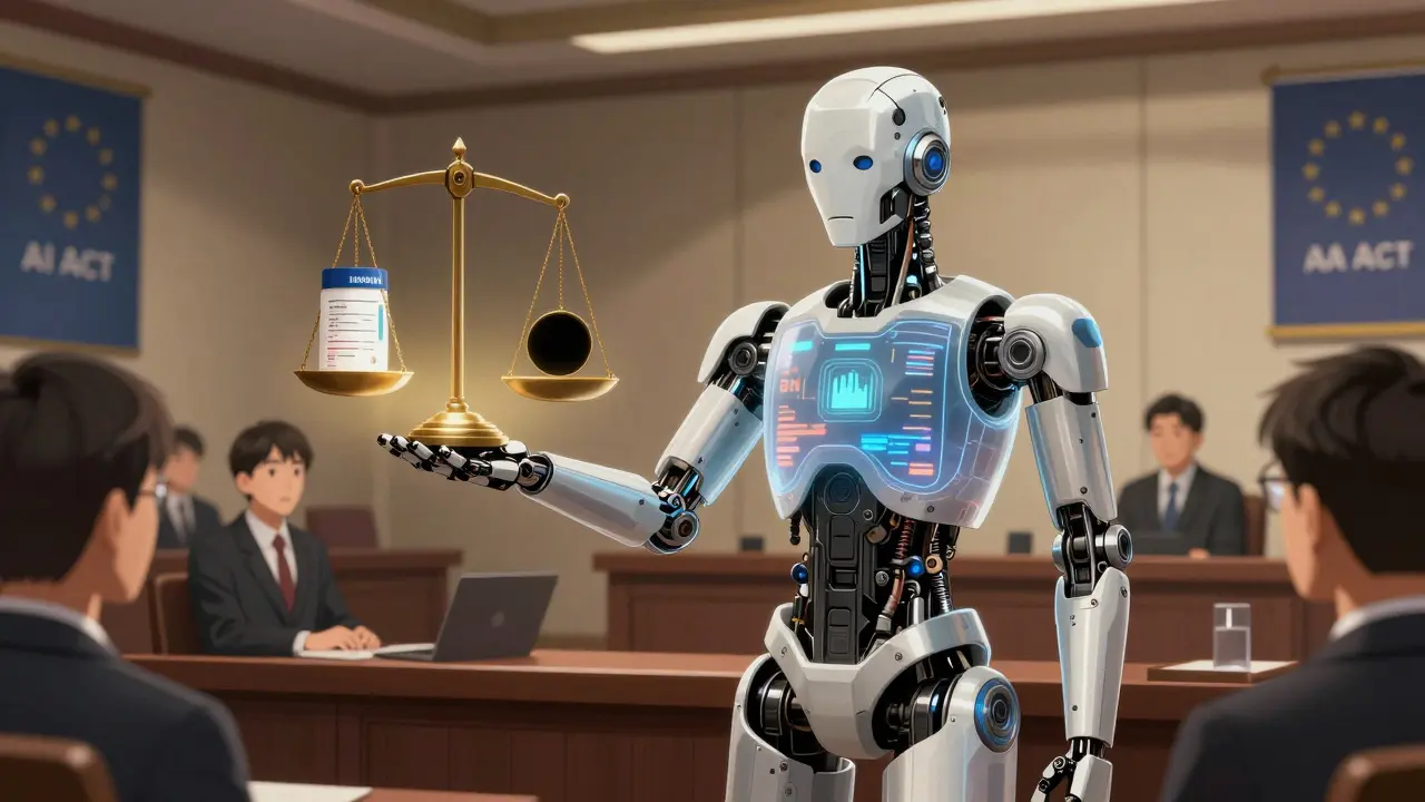 A robotic judge weighs a medical answer against an 'UNKNOWN' void in a courtroom lit by EU AI Act banners.