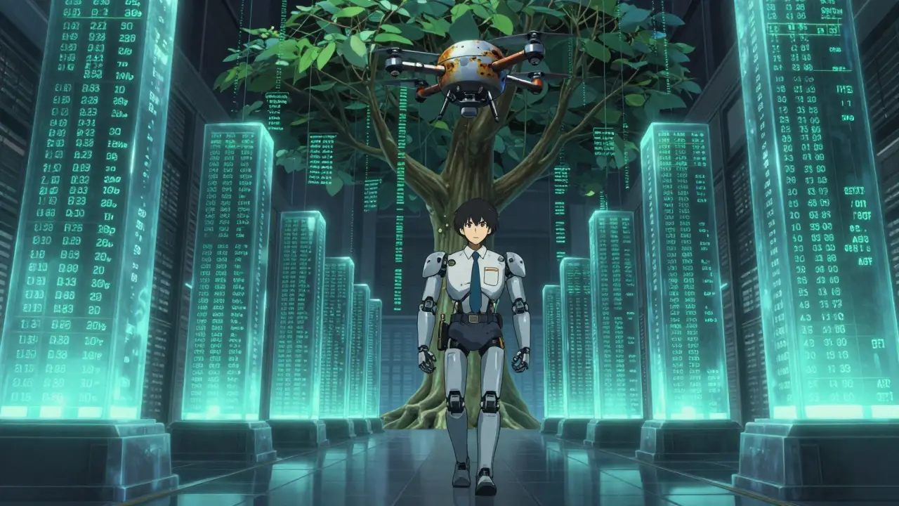 An auditor walks among towering digital logs and a data tree representing every AI decision ever recorded.