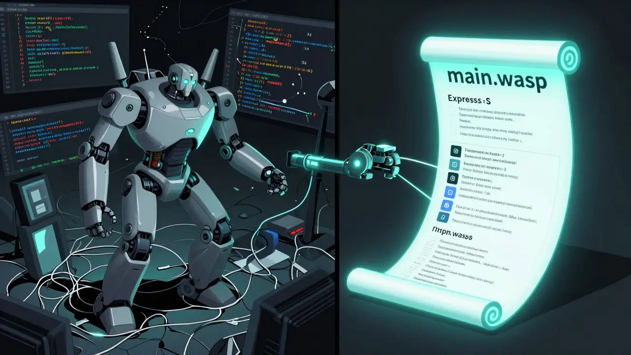 Chaotic npm clutter on one side, a glowing main.wasp file transforming it into clean code structures on the other.