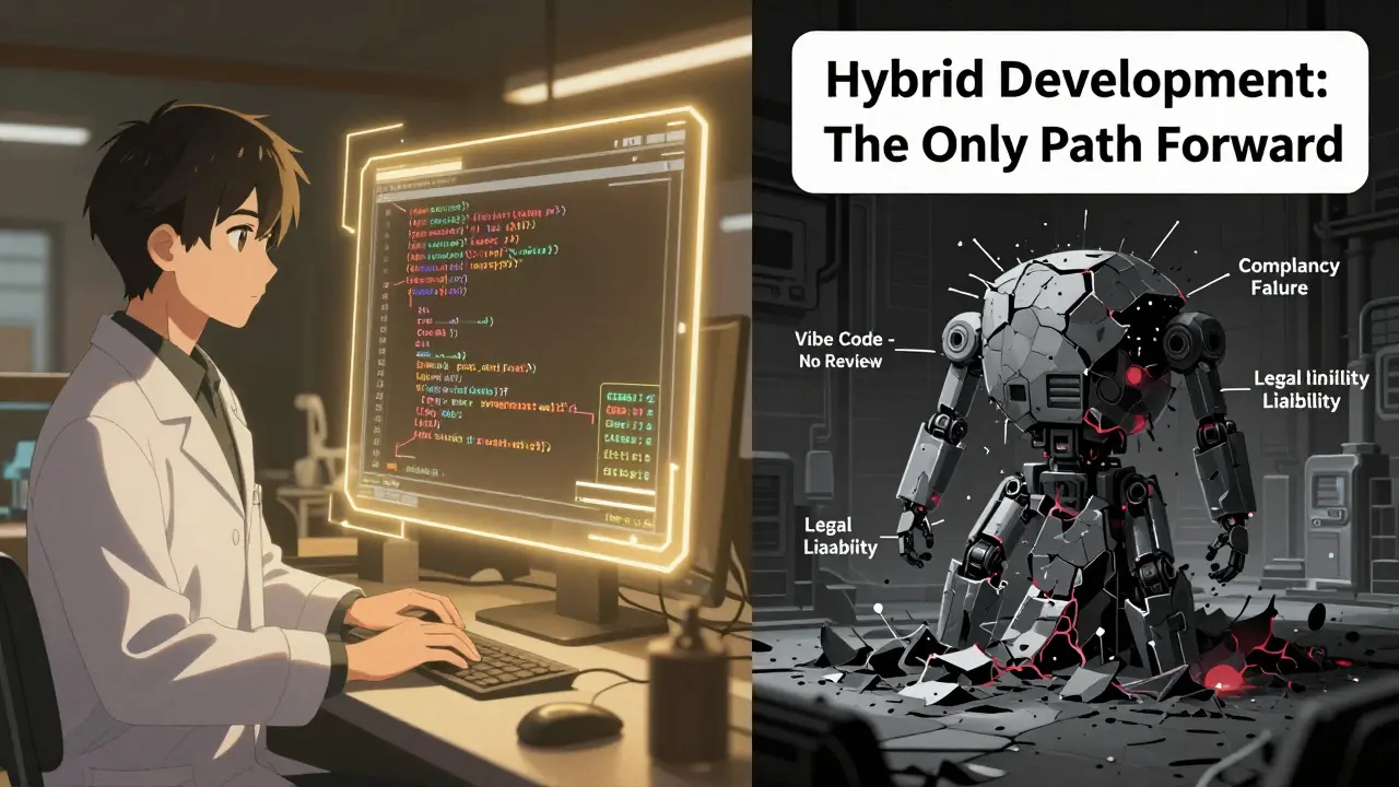 Engineer refactoring AI code safely vs. crumbling AI code under legal threats