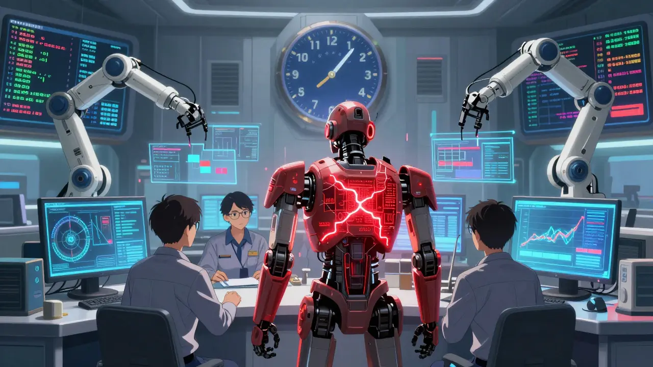 Engineers trace a corrupted data lineage in a high-tech control room as automated systems repair model outputs with surgical precision.