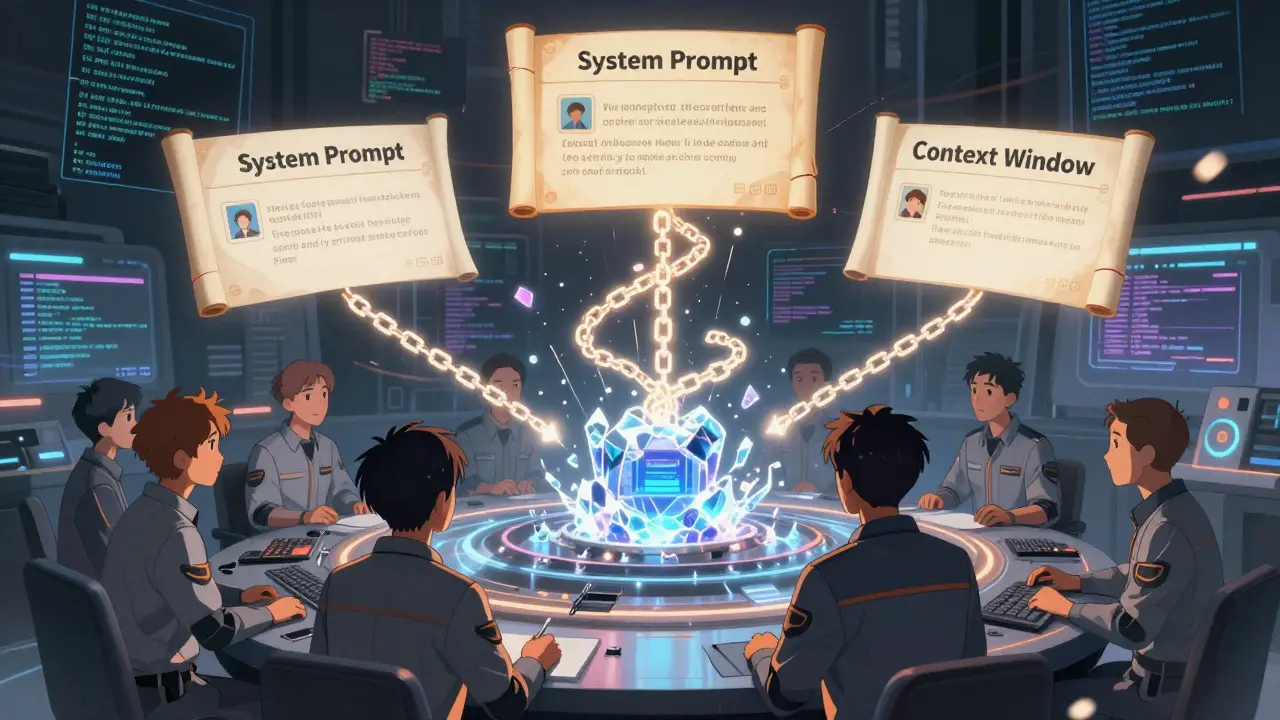 Engineers watch floating prompts spiral into an AI core, with code fragments and broken keyboards in the background.