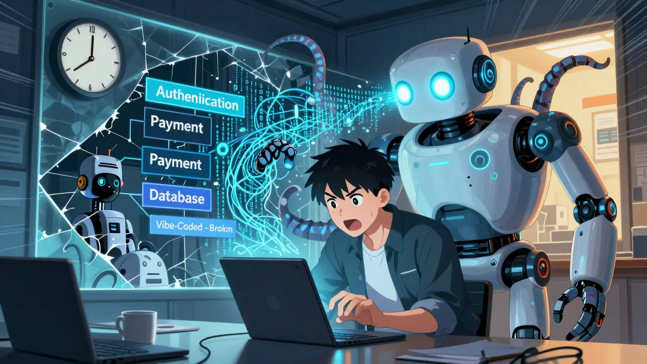 Founder overwhelmed by AI robot spewing tangled code in a startup office