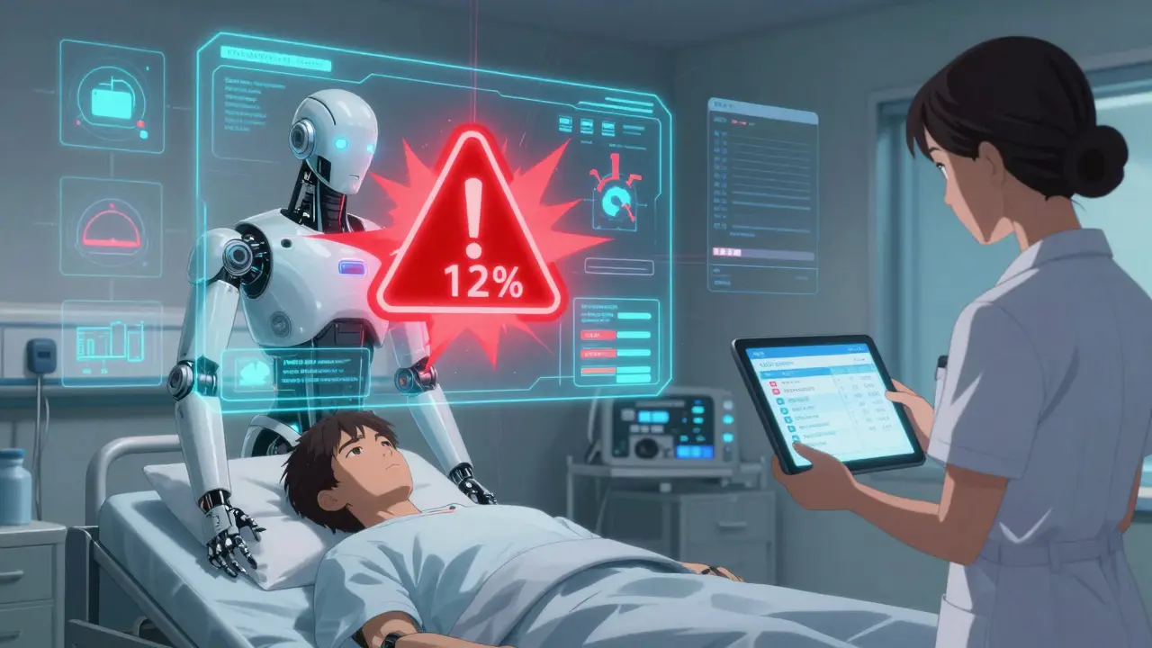Medical AI assistant displaying dangerous hallucination alerts above a patient, with compliance metrics flashing red in a hospital setting.