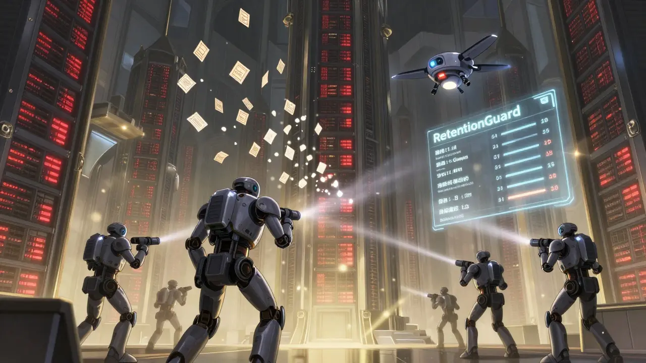 Robotic enforcers purging personal data in a vast server cathedral under a glowing compliance timeline.