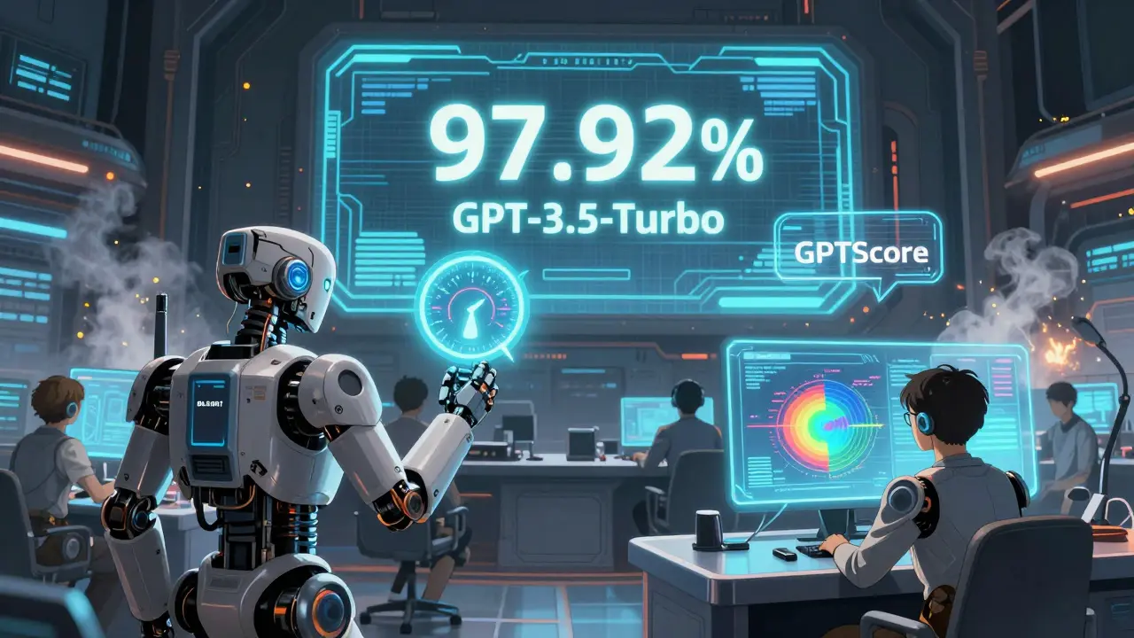 Robotic evaluators monitor holographic semantic scores in a high-tech command center with glowing interfaces.