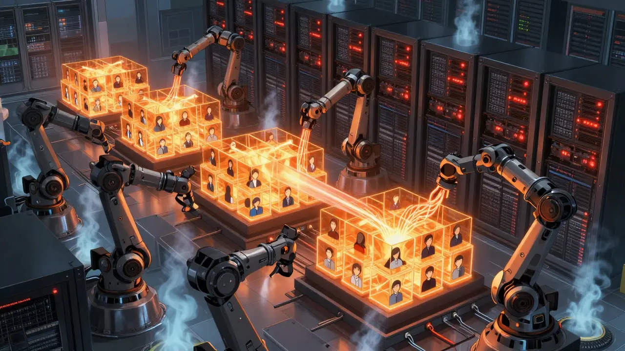 Robotic server rack grouping user requests into glowing prisms, warning lights flashing as memory fills.