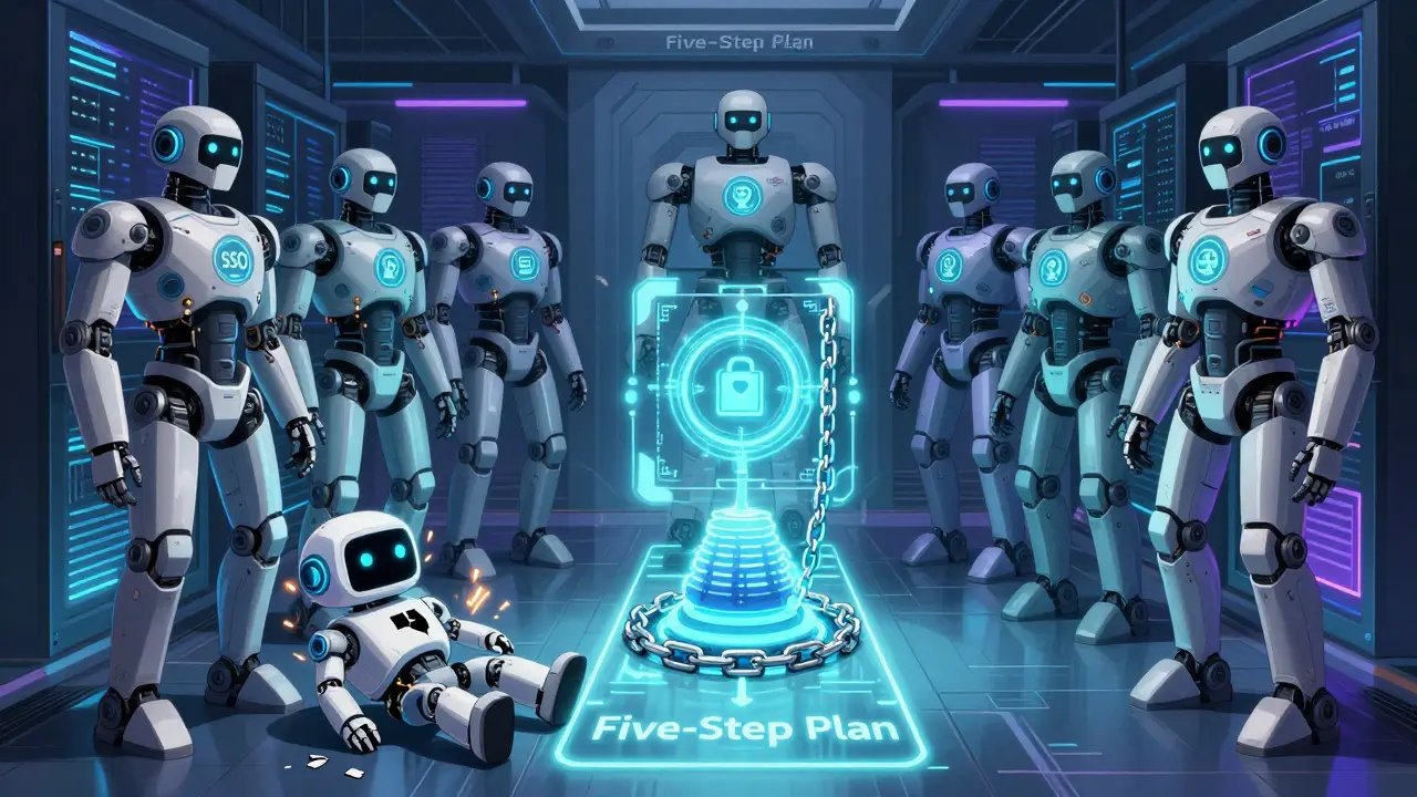 Seven security robots guard a secure RAG core, while a broken chatbot lies defeated.
