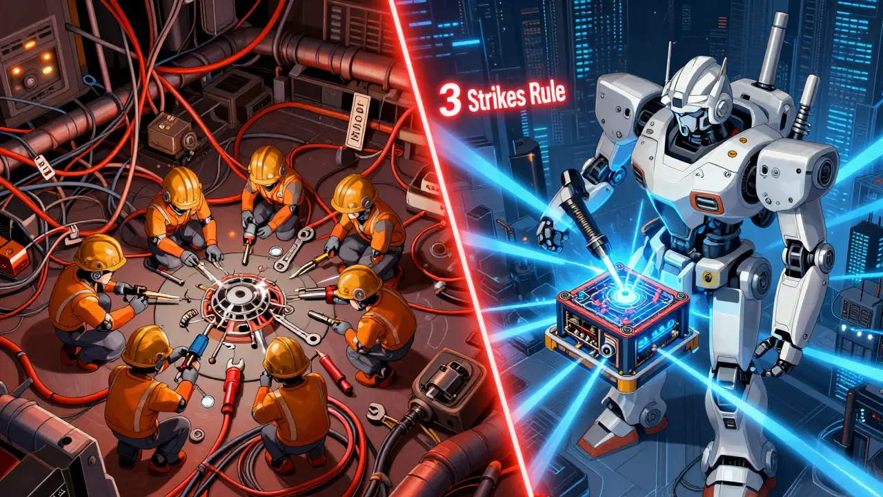 Split scene: engineers repairing chaotic wires vs. assembling a clean robot core with blue energy beams.