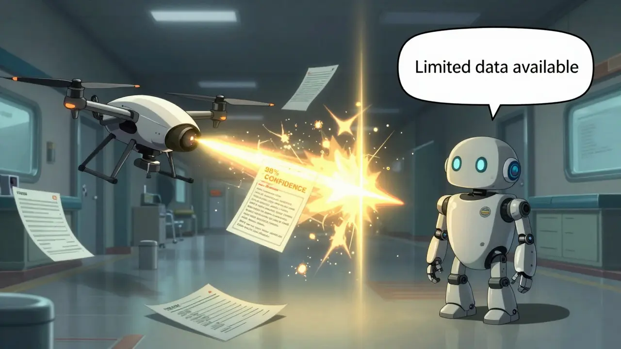 Split scene: one AI drone confidently emits false medical data, another quietly warns of limited data with smaller text.