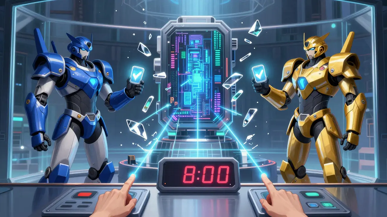 Two reviewers in contrasting armor simultaneously approve sensitive data under a pulsing AI core with laser scans.