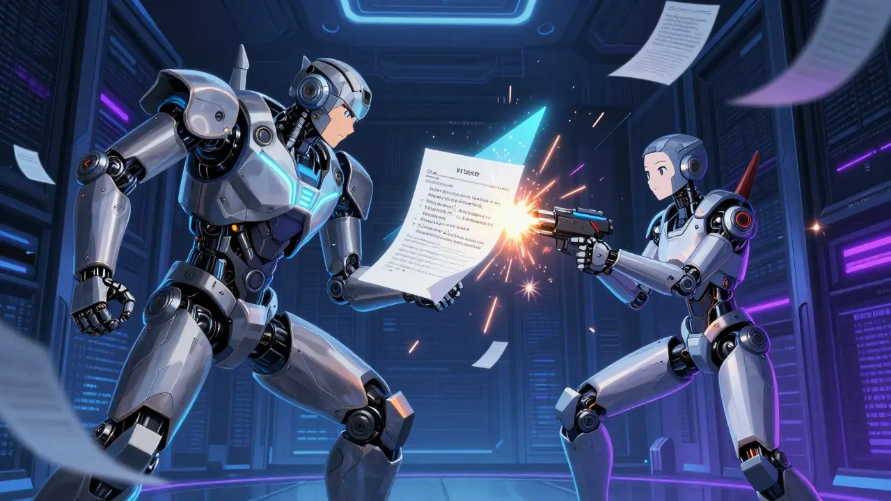 Two robotic arms clash—one analyzing legal documents, the other writing poetry—in a server chamber filled with floating text.